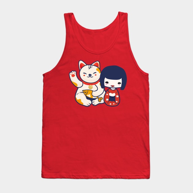 Kokeshi Girl Doll With Maneki Neko Tank Top by tatadonets